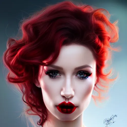 Image similar to a realistic illustration portrait of a beautiful aidra fox with curly black and red hair, black eyeliner, trending on artstation, hyper - realistic lighting, intricate, ross tran