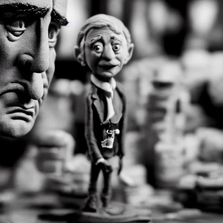 Image similar to a cinematic film still of a claymation stop motion film starring robert de niro, portrait, shallow depth of field, 8 0 mm, f 1. 8