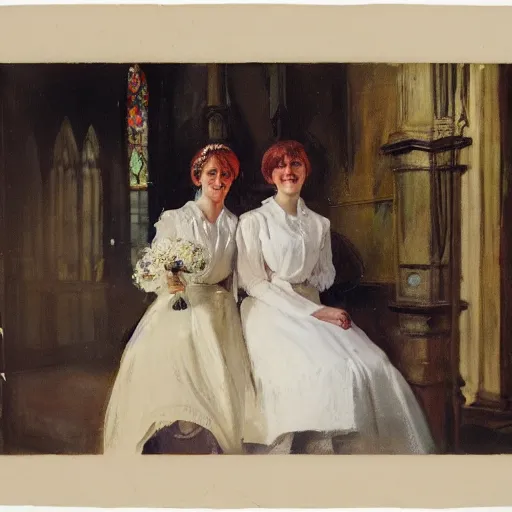 Image similar to two young edwardian women getting married in a church, in the style of Anders Zorn