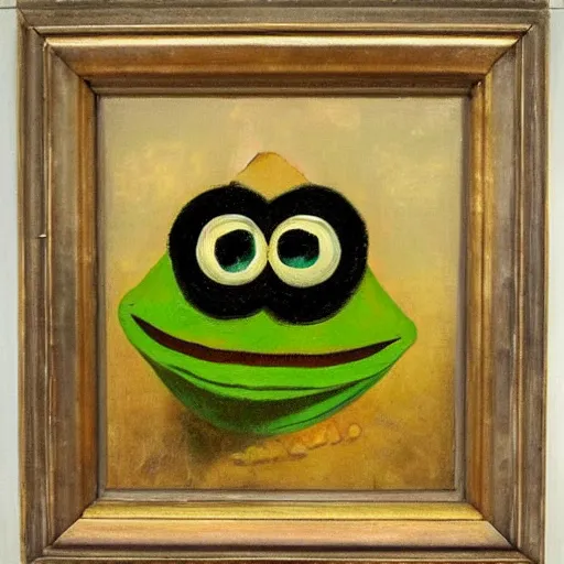 Prompt: pepe the frog as an angel, oil painting by Rembrandt