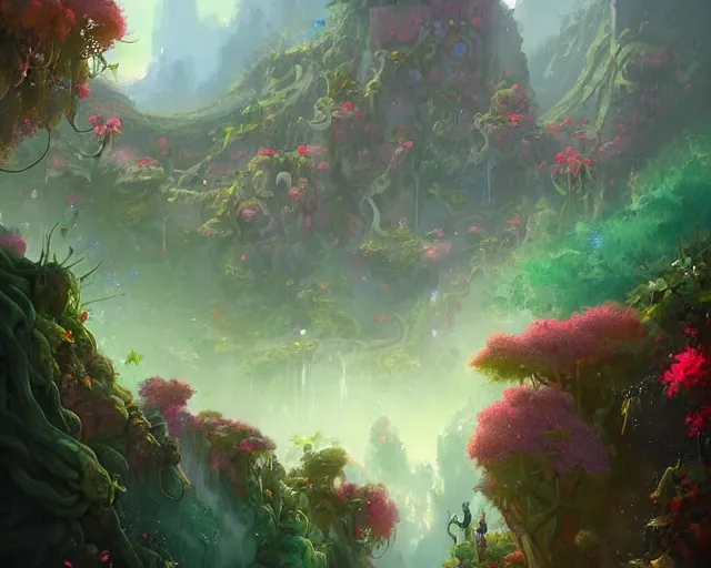 Prompt: An overgrown tall cliff full of vines, big colorful flowers, lush, magical atmosphere, by Peter Mohrbacher, digital art, trending on Artstation