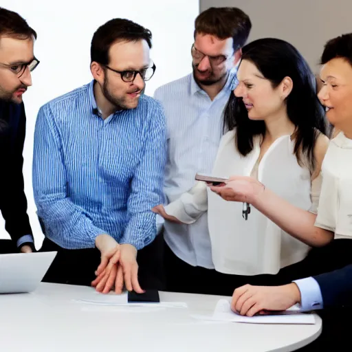 Image similar to An award-winning photograph of a group of data scientists presenting some terrible graphs to the laughing CEO