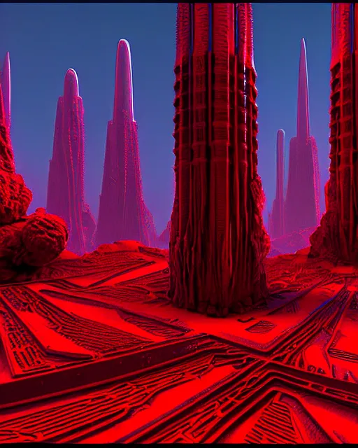 Image similar to futuristic sci fi exterior greeble textured obelisk structures made out of red mandelbulb fractal energy on the nuclear reactor unreal engine volumetric lighting subsurface scattering