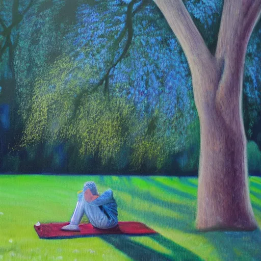 Image similar to painting of a peaceful man relaxing under a tree by David Normal, David Normal, acrylic art, calm, soothing, cosy, elegant, soft light,