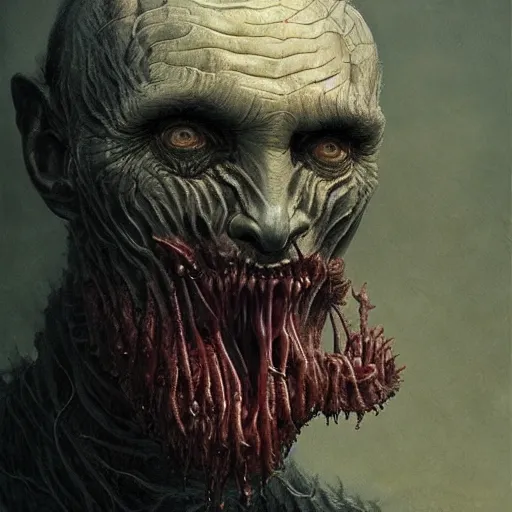 Image similar to rotten worm with face of vladimir putin face made of worms demonic horror, dark fantasy, intricate, highly detailed, smooth, artstation, painted by wayne barlowe, greg rutkowski, zdislav beksinski, francis bacon