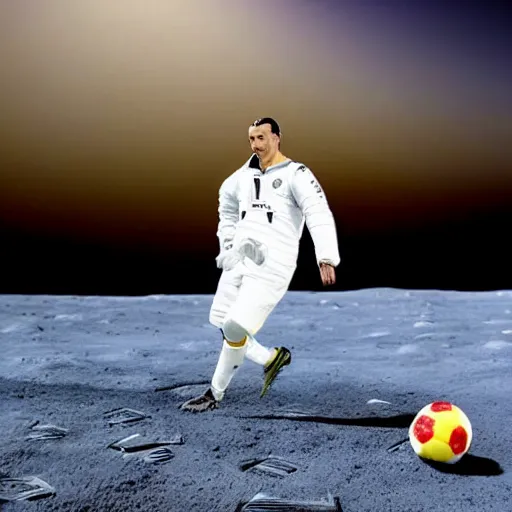Prompt: Zlatan Ibrahimovic playing football on the moon