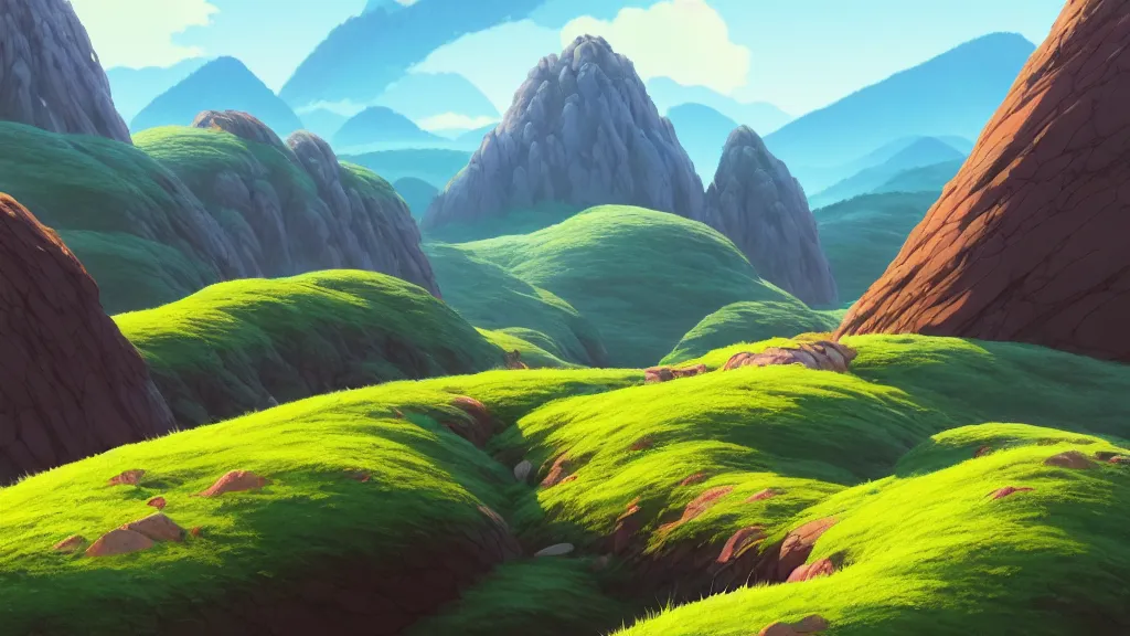 Prompt: hills and mountains landscape, studio ghibli, pixar and disney animation, sharp, rendered in unreal engine 5, highly detailed, digital painting, artstation, concept art, smooth, sharp focus, illustration, wide angle, artbook, wallpaper, splash art, promo art, dramatic lighting, art by artgerm and greg rutkowski and bo chen and jin xiaodi