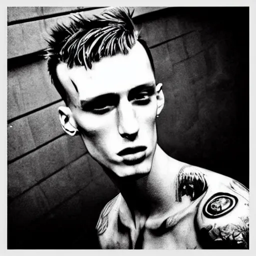Image similar to “a realistic detailed photo of a guy who is an attractive humanoid who is half robot and half humanoid, who is a male android, rapper MGK, shiny skin, posing like a statue, blank stare”