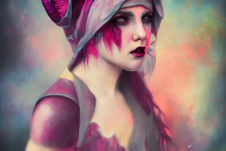 Image similar to pretty demon girl with horns photograph in the style of tom bagshaw, colorful, realistic, 8 k