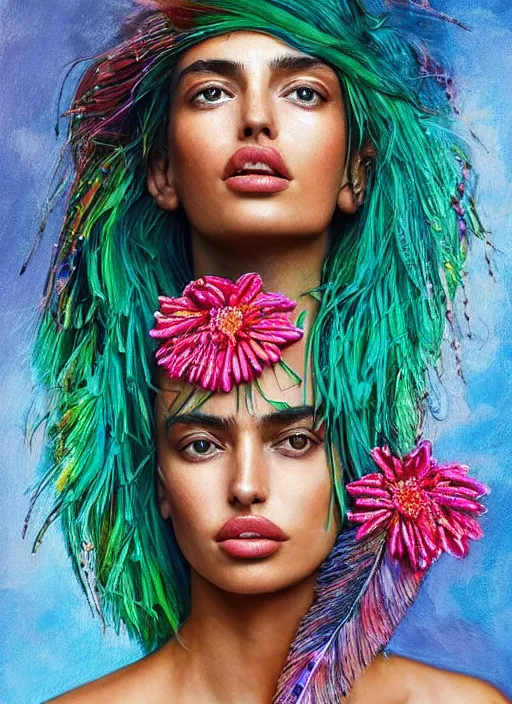 Image similar to beautiful portrait of Irina Shayk wearing fantastic Hand-dyed cotton dress,embellished beaded feather decorative fringe knots ,colorful pigtail,subtropical flowers and plants,symmetrical face,Pantone,intricate,elegant,highly detailed,8k,post-processing,digital painting,trending on pinterest,harper's bazaar,concept art, sharp focus, illustration, by artgerm,Tom Bagshaw,Lawrence Alma-Tadema,greg rutkowski,alphonse Mucha