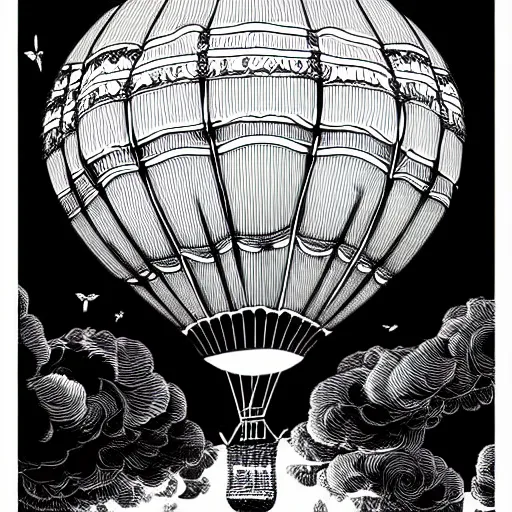 Image similar to portrait of an entire victorian air balloon over a fantasy landscape, line art illustration by joe fenton , black and white, intricate details