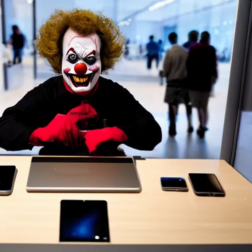 Image similar to scary clown working at an apple store