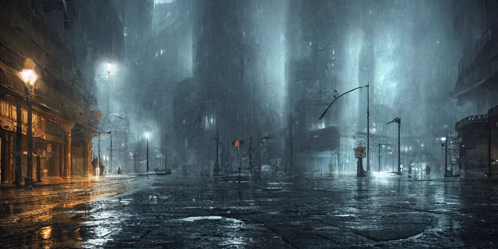 Image similar to a cold and melancholic city in a dark cavern, rainy and gloomy atmosphere, fantasy digital art, octane render, beautiful composition, trending on artstation, award - winning photograph, masterpiece