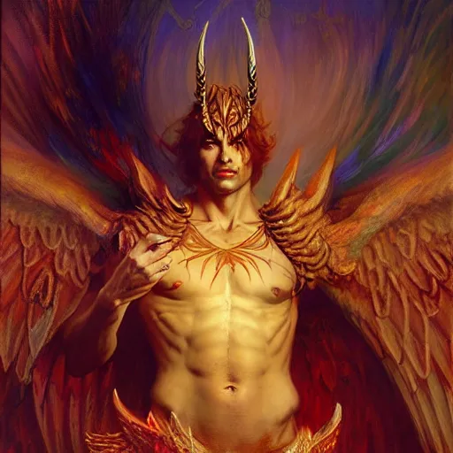 Prompt: attractive male lucifer morning star casting a spell summoning male demons, they rise from down bellow. highly detailed painting by gaston bussiere, craig mullins, j. c. leyendecker, 8 k