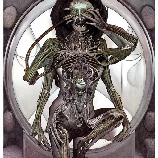 Image similar to professional digital painting, extreme illustration of an alien by H R Giger + artgerm, alphonse mucha ::