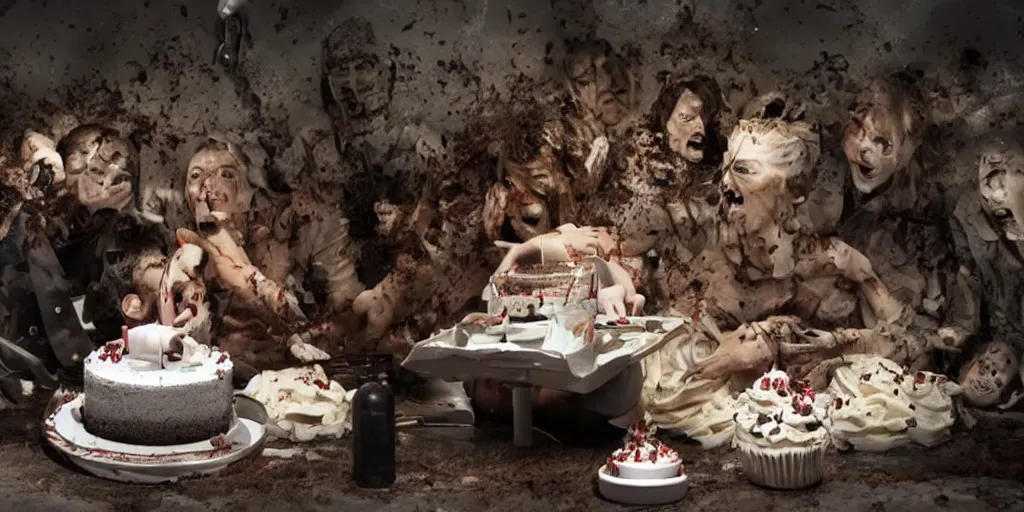 Image similar to Frightening scene in an horror movie where everything turns into a cake