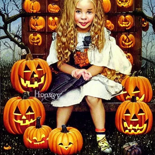 Prompt: a happy little girl with long straight golden blonde hair sitting amidst halloween decor, skulls and pumpkins. beautiful highly detailed face, beautiful painting by norman rockwell