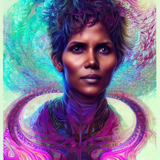 Image similar to portrait of halle berry, hyper detailed masterpiece, neon floral pattern, jean giraud, digital art painting, darkwave goth aesthetic, psychedelic, artgerm, donato giancola and tom bagshaw