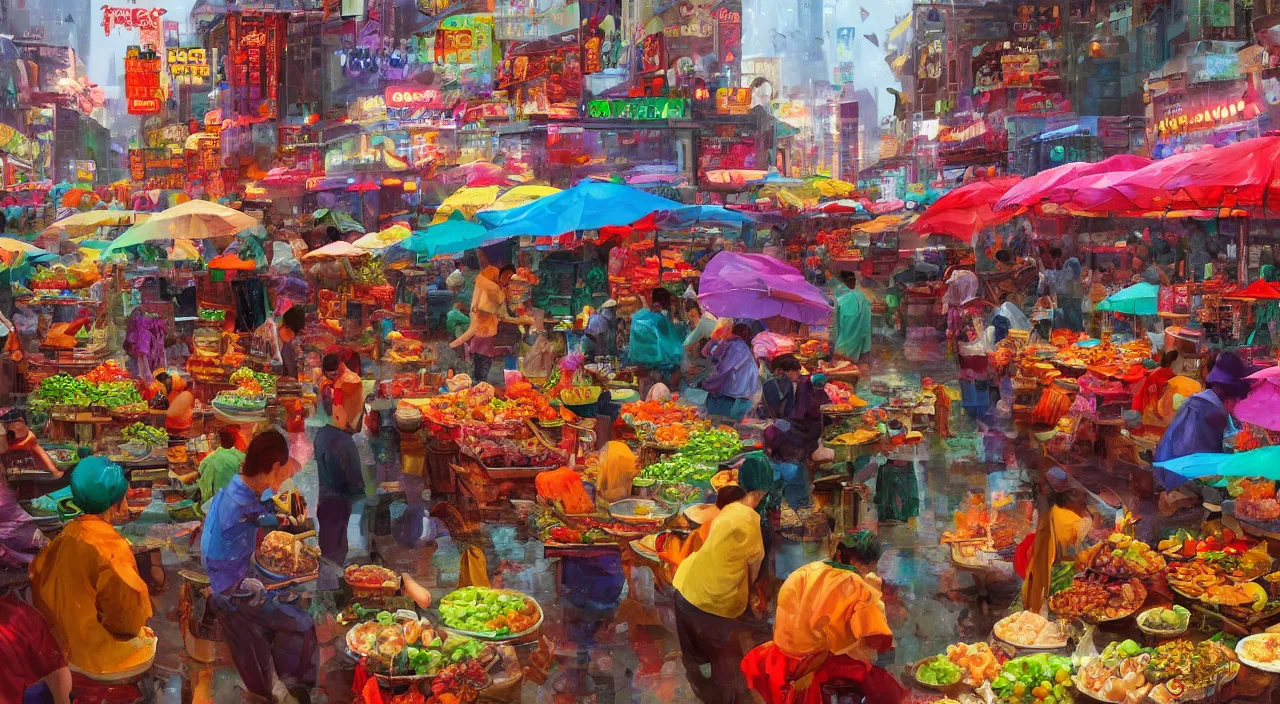 Prompt: a food street market scene in asia, colourful, raining, reflections, new vegas style, vibrant, 4k, artstation, cgsociety