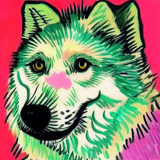 Image similar to retarded wolf portrait, van gogh style, pink, green