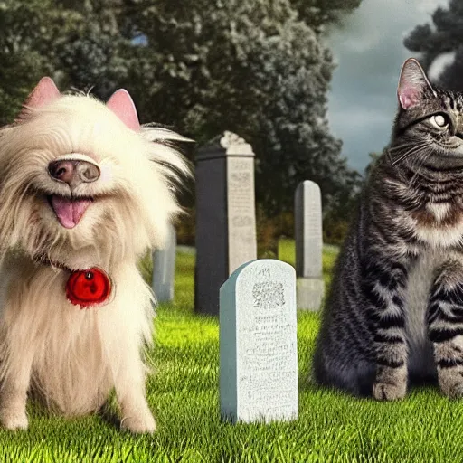 Image similar to The movie still from Tim Burton movie featuring a cat and a dog and a cemetery