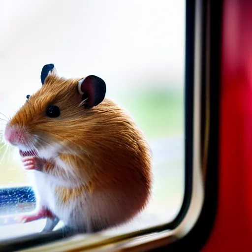 Prompt: photo of a hamster inside a train, looking out of a train window, various poses, unedited, soft light, sharp focus, 8 k