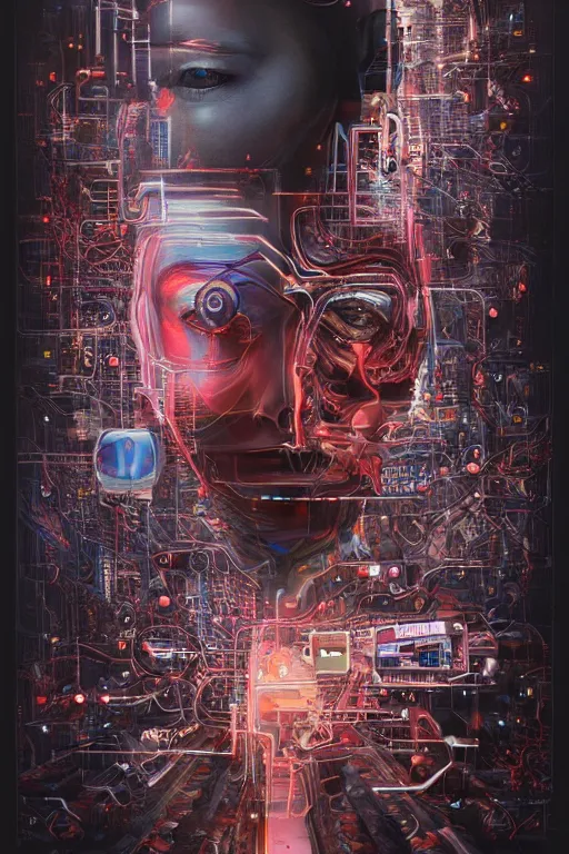 Prompt: portrait of computer & circuits, melting, ibm, 8 k, by tristan eaton, stanley artgermm, tom bagshaw, greg rutkowski, carne griffiths, ayami kojima, beksinski, giger, trending on deviantart, face enhance, hyper detailed, minimalist, cybernetic, android, blade runner, full of colour, super detailed