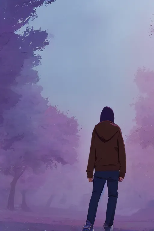 Prompt: young man in a purple hoodie, back view, messy short brown hair, detailed neighbourhood background, trees, colourful, 8 k, anime, ghibli style, graphic novel, digital art trending on artstation, volumetric lighting, octane render, cinematic, hyper detailed