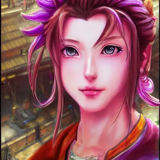 Image similar to dreamy colorful portrait drawing of aerith gainsborough from from final fantasy 7 with the steam punk city midgard as backdrop, by master artist yoshitaka amano trending on artstation