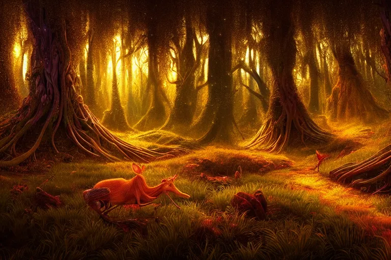 Prompt: vivid surreal landscape : : magic forest nature : : weta disney pixar movie still photo : : decadent highly - detailed digital painting, full length shot, golden, golden hour, galaxies, stars, light trails, ratio, octane render, artstation, smooth, sharp focus, artgerm, mucha, loish, wlop, gogo