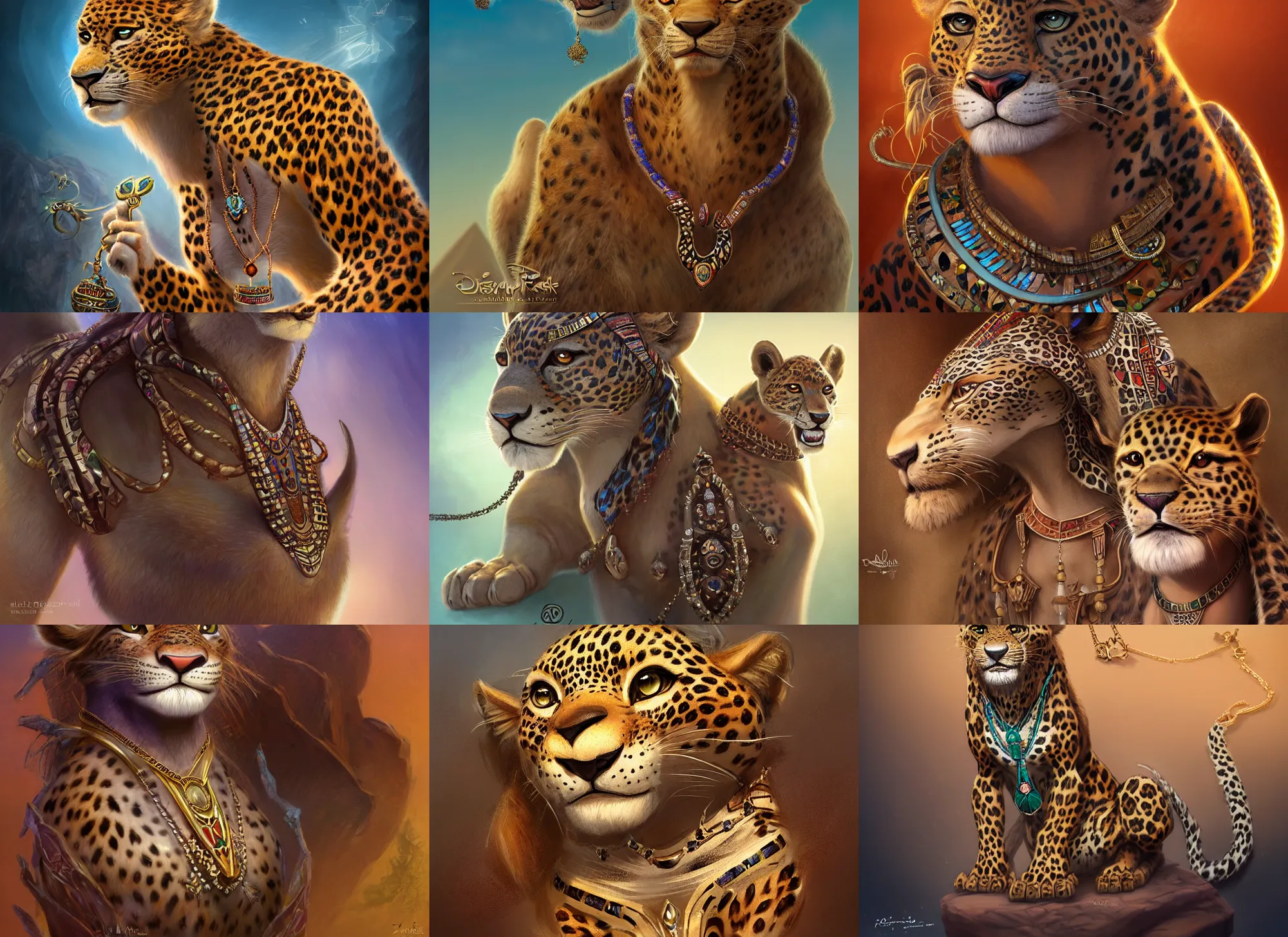 Prompt: fullbody beautiful detailed character design of a feral leopard wearing egyptian necklace, egyptian jewelry. deviantart leopard adoptable, character concept artwork professional, portrait studio lighting by artgerm, jessica rossier and brian froud in the style of disney, zootopia, the lion king, artstation deviantart