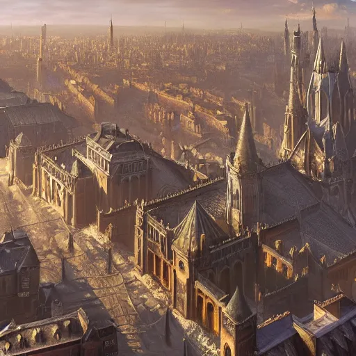 Prompt: an ultra detailed matte painting of the capital city of galic, grid shaped city cobblestone streets, fantasy capital city, light snowfall, wind, inspiring gothic architecture, ultrawide lense, aerial photography, unreal engine, exquisite detail, 8 k, art by greg rutkowski and alphonse mucha