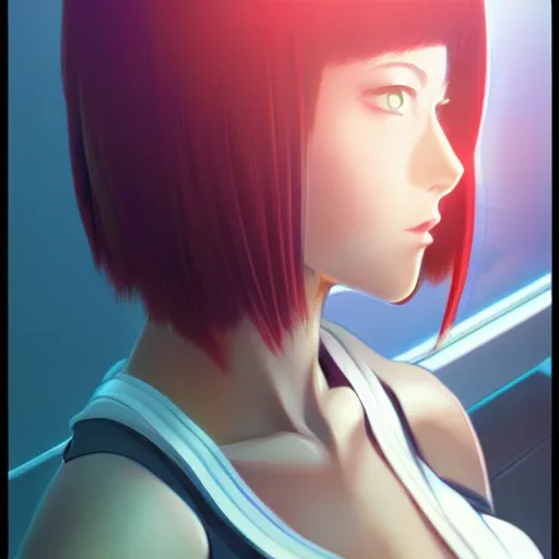 Prompt: digital anime, cyborg - girl looking into a mirror, reflections, wlop, ilya kuvshinov, artgerm