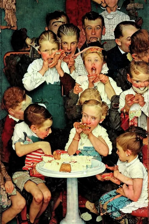 Prompt: kids eating cake by norman rockwell