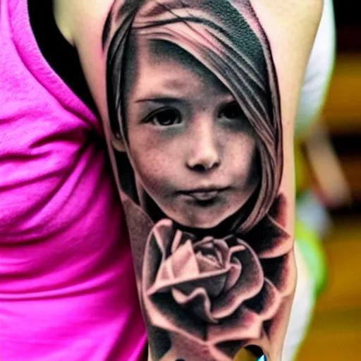 Prompt: a woman with an intricate tattoo of her 9 year old daughter