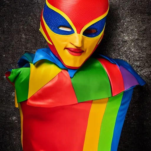 Image similar to a detailed portrait photo of a rainbow themed super hero, super hero costume, super hero mask, cinematic shot