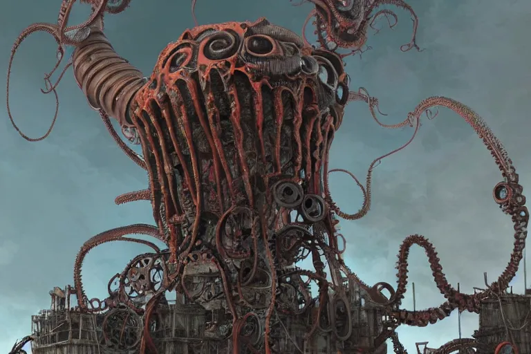 Image similar to lovecraftian biomechanical machine - tower with fleshy tendrils and eyeball at top overlooking dystopian wasteland, highly detailed, colorful with red hues