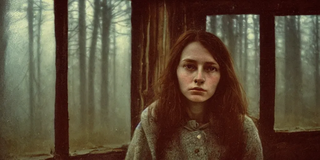 Prompt: portrait bust of young woman, solemn expression, faded color film, russian cinema, tarkovsky, kodachrome, old cabin, next to window, heavy forest outside, long brown hair, old clothing, heavy fog, hudson river school, 4 k, dramatic lighting, greg rutkowski