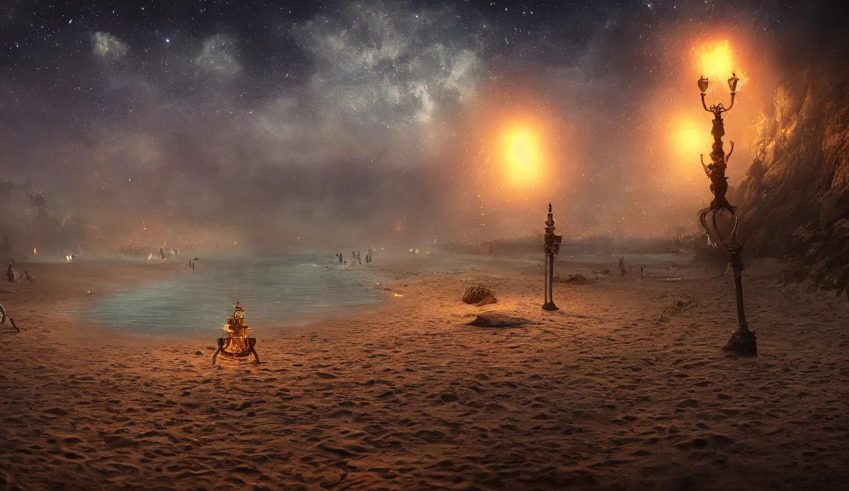 Prompt: beach at night, stars, torches, fireflies, bioluminescence, fire, fog, insane details, intricate, elite, ornate, elegant trend, highly detailed and intricate, sharp focus, photography, unreal engine, trending on artstation, photorealistic, octane, hyper detailed, trending on deviantart,