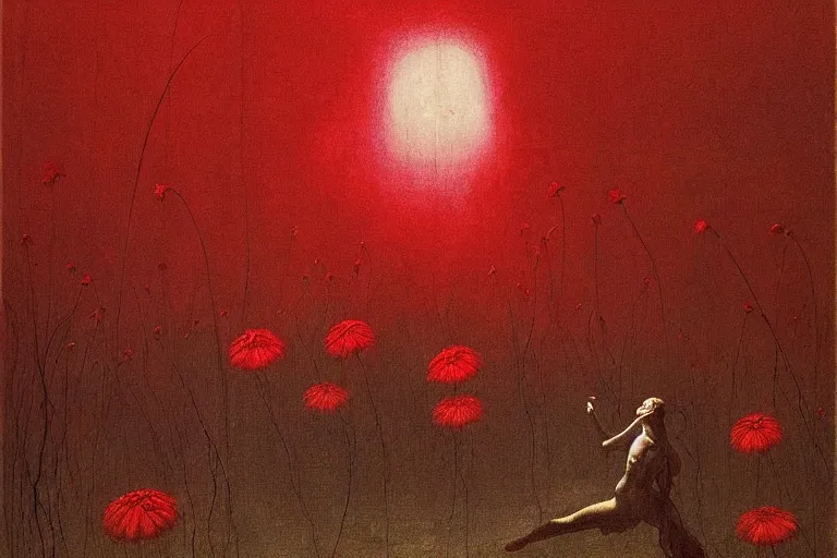 Image similar to only with red, red flowers of different types, a red tiger, a castle in the background, medieval demons dance over the flowers, an ancient path, in the style of beksinski, part by hopper, part by rodcenko, part by hofbauer, intricate composition, red by caravaggio, insanely quality, highly detailed, masterpiece, red light, artstation