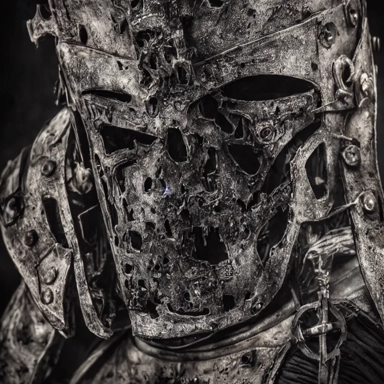 Image similar to undead man in armour in burned forest full of smoke, medieval style, highly detailed, smooth, sharp focus, character portrait, portrait, close up, concept art, intricate details, goth, medieval poster, 8 k. lifelike. dark light. nikon d 8 5 0