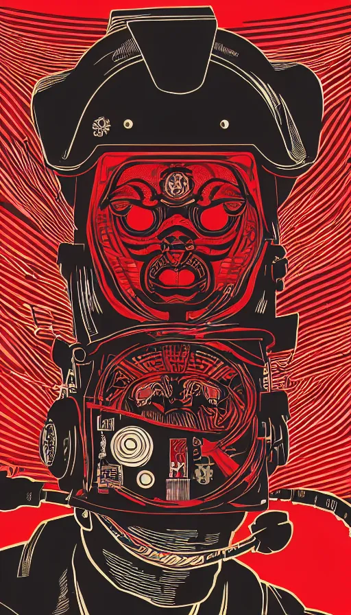 Image similar to Illustrated by Shepard Fairey and H.R. Geiger | Cyberpunk Samurai with VR helmet, surrounded by cables