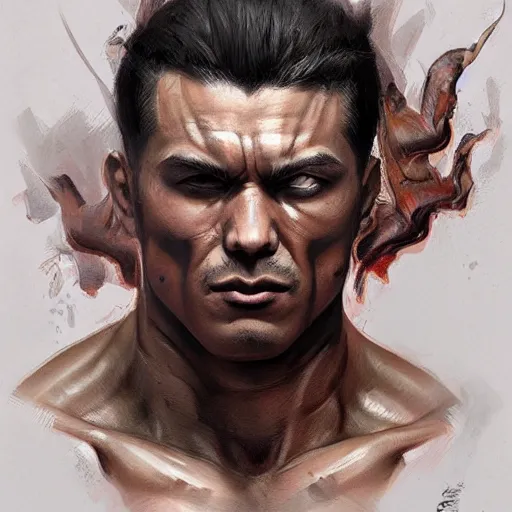 Image similar to A head-on detailed oil portrait of muscular martial artist with orchid tattoos on his arm by greg rutkowski and artgerm, trending on artstation