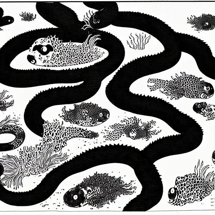 Image similar to a still frame from comic strip, black fluffy hairy snake in a fishtank 1 9 5 0, herluf bidstrup, new yorker illustration, monochrome contrast bw, lineart, manga, tadanori yokoo, simplified,