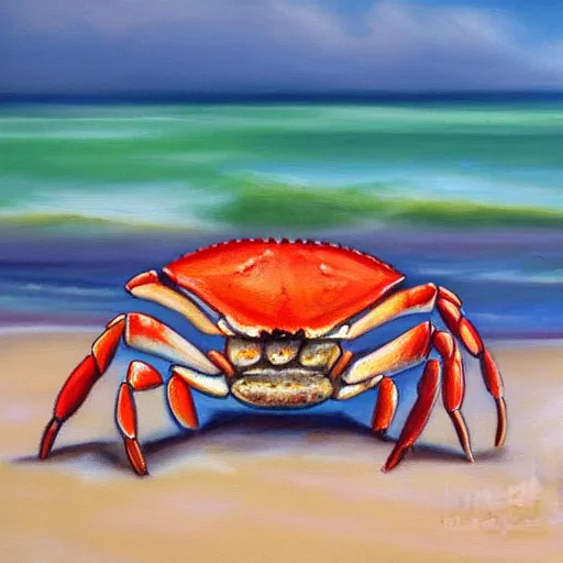 Image similar to a detailed painting of a crab, all alone, on the beach, on a cloudy day