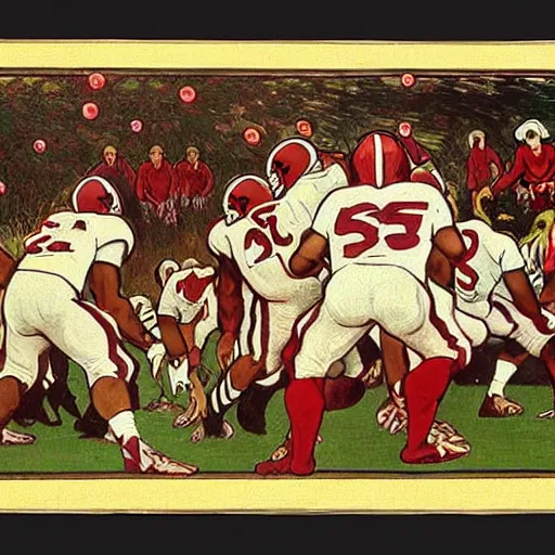 Image similar to painting of arkansas razorbacks playing football at the halloween! party, bubbling cauldron!, candles!, graveyard, gravestones, ghosts, smoke, autumn! colors, elegant, wearing suits!, clothes!, delicate facial features, art by alphonse mucha, vincent van gogh, egon schiele