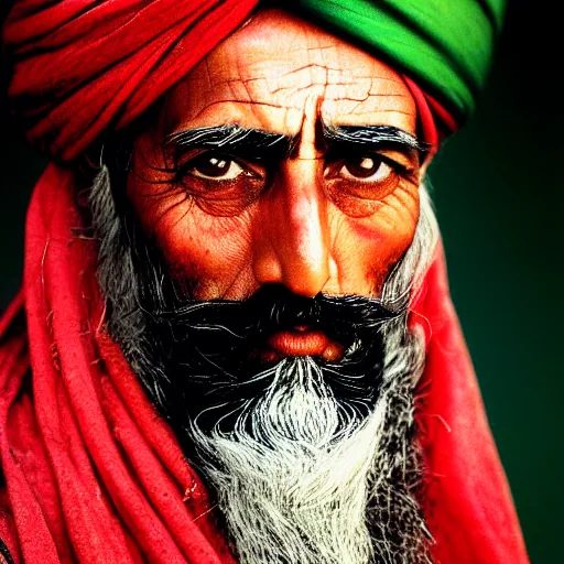 Prompt: portrait of woodrow wilson as afghan man, green eyes and red turban looking intently, photograph by steve mccurry