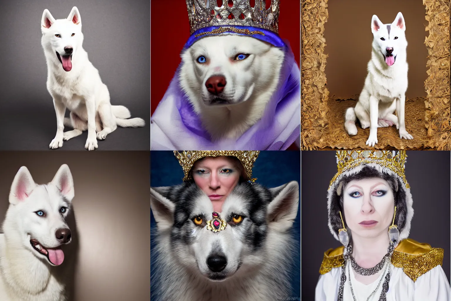 Prompt: white alaskan husky dressed as a queen by cindy sherman, royal photography, studio lighting