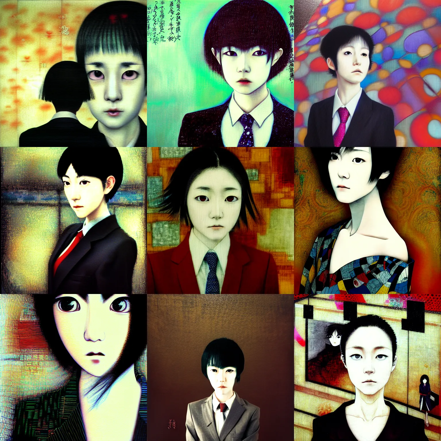 Image similar to yoshitaka amano blurred and dreamy realistic three quarter angle portrait of a young woman with short hair and black eyes wearing office suit with tie, junji ito abstract patterns in the background, satoshi kon anime, noisy film grain effect, highly detailed, renaissance oil painting, weird portrait angle, blurred lost edges