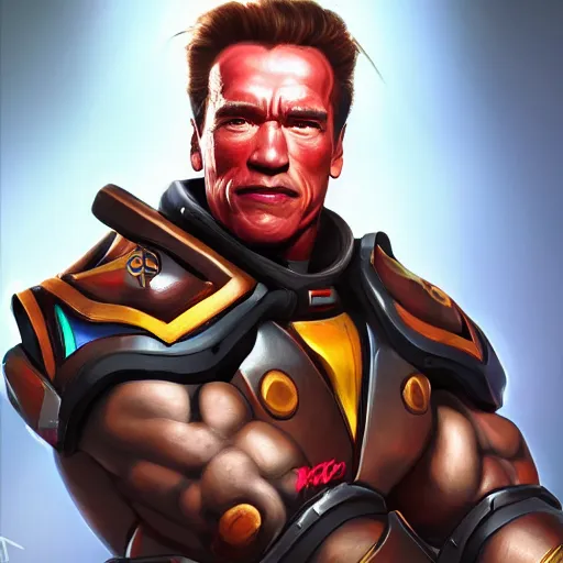 Image similar to a screenshot of arnold schwarzenegger as reinhardtin overwatch, portrait, fantasy, beautiful face, vivid colors, elegant, concept art, sharp focus, digital art, hyper - realistic, 4 k, unreal engine, highly detailed, hd, dramatic lighting by brom, trending on artstation